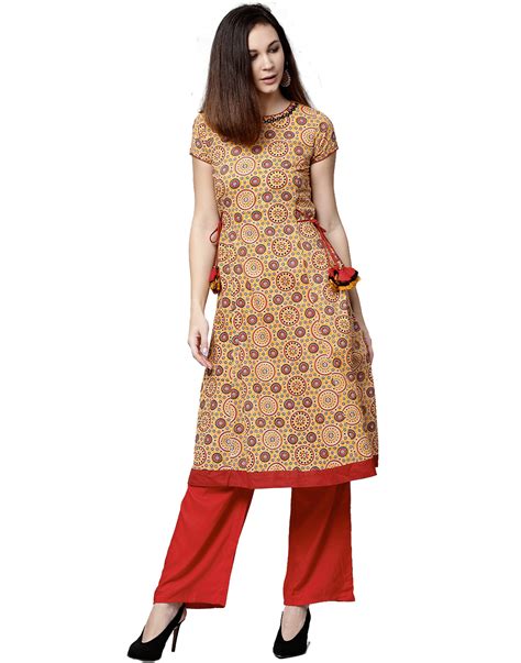 Buy Jaipur Kurti Women Yellow And Red Geometric A Line Cotton Kurta With