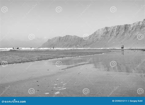 Famara Beach Playa De Famara, Popular Surfing Beach in Lanzarote. Stock ...