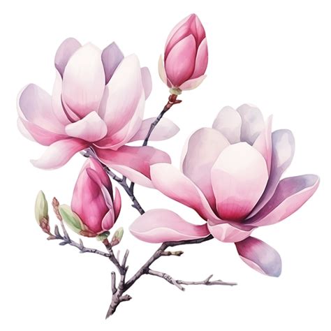 Ai Generated Watercolor Pink Magnolia Flowers And Branches Isolated On