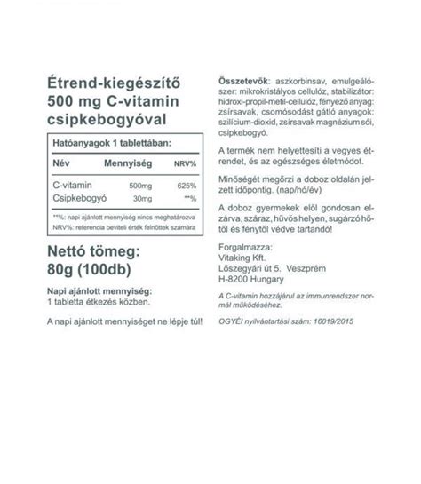 Vitaking C vitamin 500mg 100 tablatta 30 mg csipkebogyóval