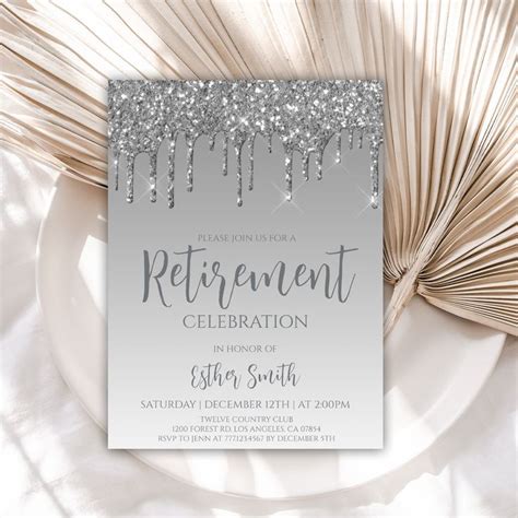 Retirement Invitation Retirement Party Invitation Silver Glitter Drip