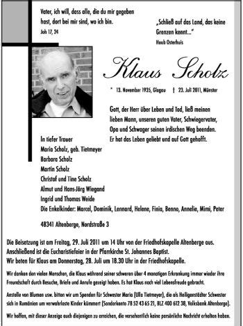 Traueranzeigen Von Klaus Scholz Trauer Ms