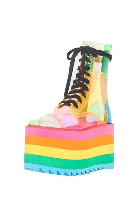 Rainbow Color Block Lace Up Pvc Platform Chunky Boots Rave Boots