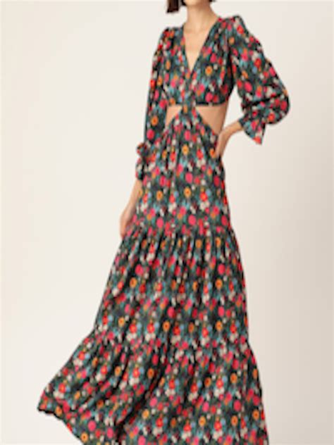 Buy Sleek Italia V Neck Floral Printed Puff Sleeve Tiered Cut Out