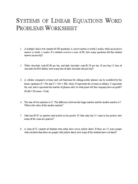 Systems Of Linear Equations Word Problems Worksheet Pdf