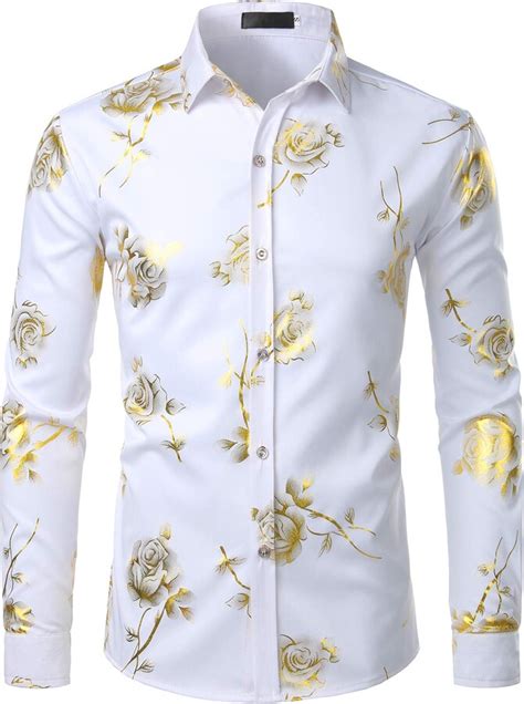 Zeroyaa Mens Nightclub Shiny Golden 3d Rose Printed Slim Fit Button