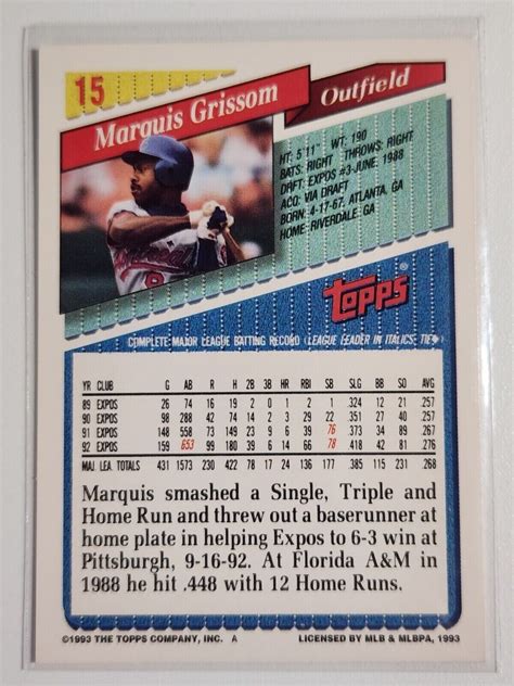 1993 Topps Baseball Marquis Grissom 15 Montreal Expos EBay