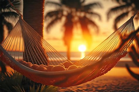 Premium Photo Hammock Between Two Palm Trees Beach Sunset