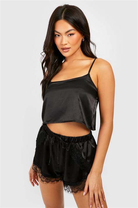 Satin Cami And Eyelash Lace Pyjama Short Set Boohoo