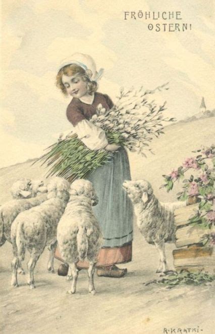 An Old Postcard With A Woman Holding Flowers And Sheep In Front Of Her