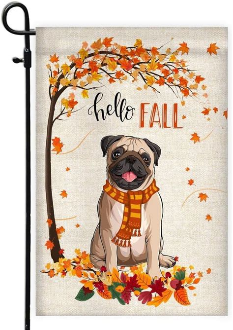 Hello Fall Pug Dog Flag Maple Leaves Orange Pumpkin Autumn 12x18 inch ...