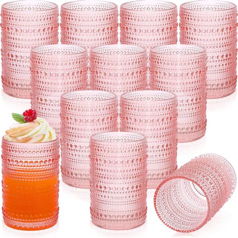 Roshtia 12 Set rosa Hobnail Perlen Trinkgläser 425 ml Vintage Glaswaren