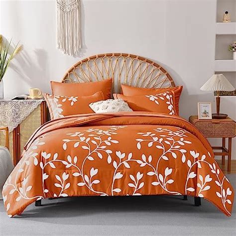 Metahots Queen Size Comforter Set 7 Pieces Floral Botanical Printed On Orange