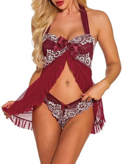 Bowknot Lace Panel Mesh Babydoll Set 33 OFF Rosegal