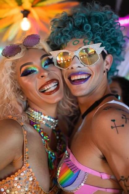 Premium Photo Portrait Of Two Gay Drag Queens Posing Happy At A Party