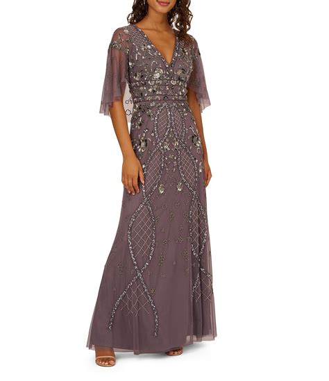 Adrianna Papell Beaded V Neck Mesh Cape Sleeve A Line Gown Dillard S