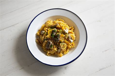 Pasta With Tomato And Sardines Traditional Italian Recipe Stock Image