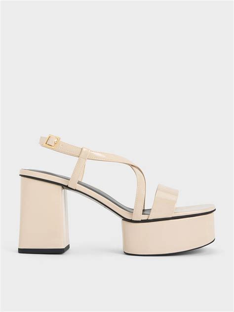 Charles And Keith Patent Crossover Strap Platform Sandals In Natural Lyst