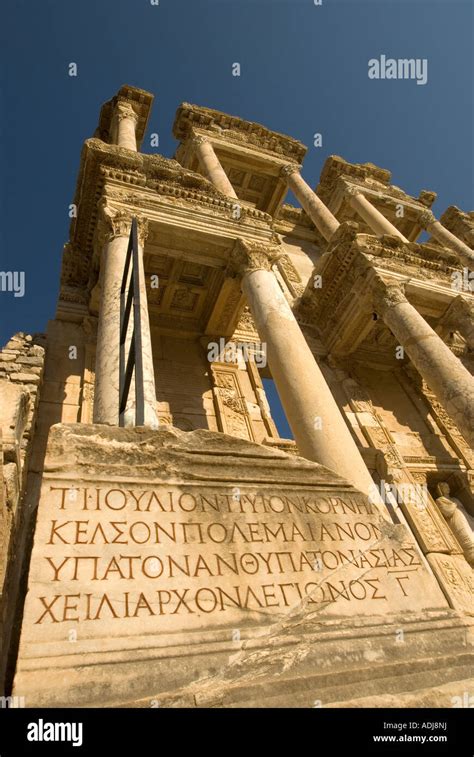 Library Of Celsus At Ephesus With Greek Inscription Turkey Stock