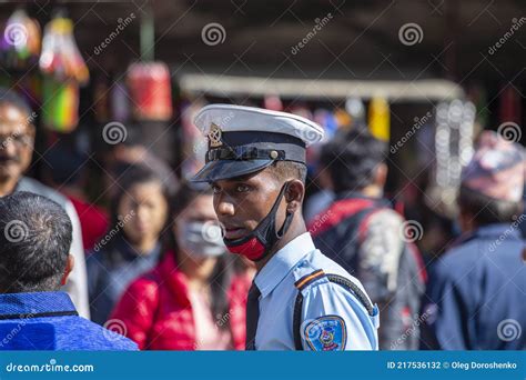 Nepali Police Maintain Order On The Streets Of Kathmandu Nepal