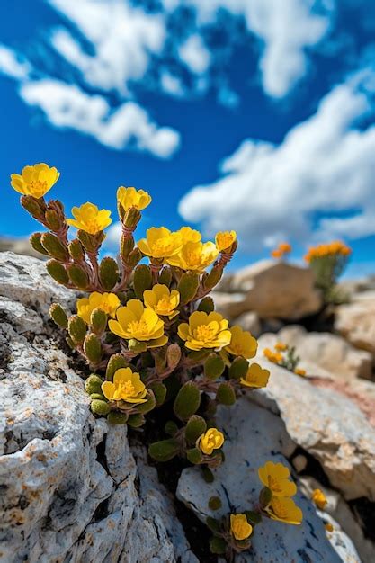 Um cacto flores amarelas em primeiro plano e um céu azul nuvens