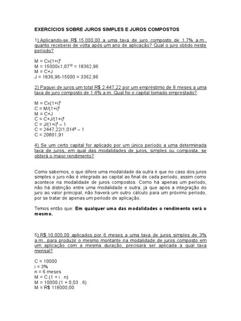 Exercícios Sobre Juros Simples e Juros Compostos | Download grátis PDF ...