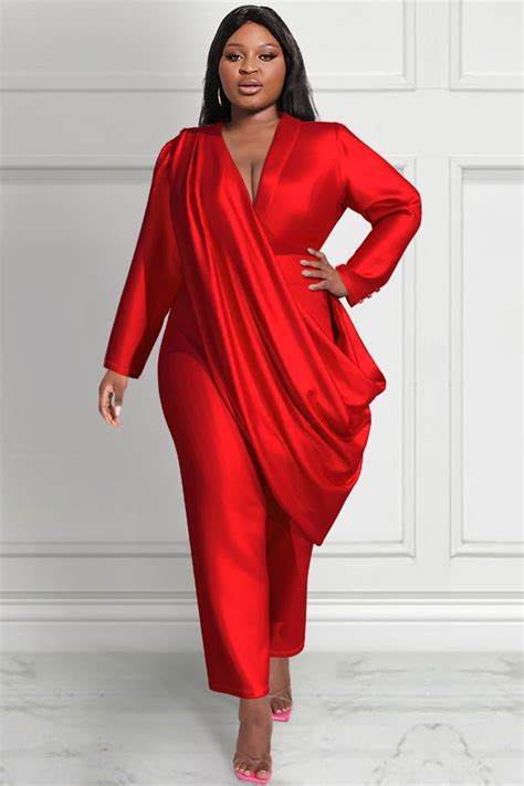 Xpluswear Design Plus Size Mother Of The Bride Jumpsuits Elegant Red