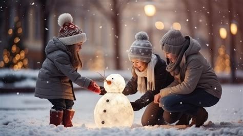 Fam Lia Feliz Fazendo Um Boneco De Neve Na Pra A Uma Rvore De