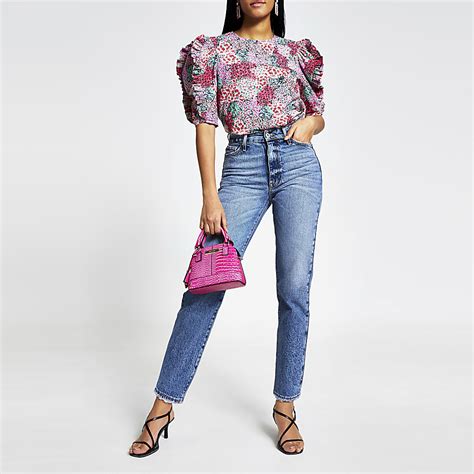 Pink Floral Frill Sleeve Poplin Blouse River Island