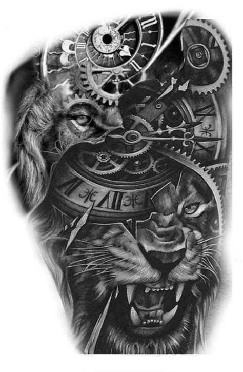 Black And White Lion Tattoo Design With Gears