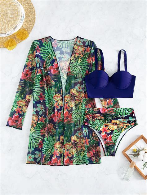 Shein Swim Classy Tropical Print Bikini Set Push Up Bra Top Tummy