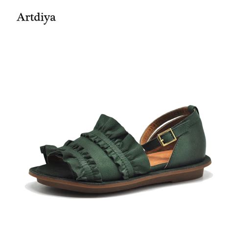 Artdiya Original New Genuine Leather Women Sandals Buckle Flat Ruffles Retro Handmade