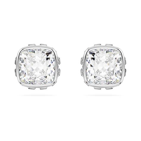 Birthstone Stud Earrings Square Cut April White Rhodium Plated