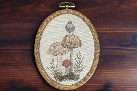 Cottagecore Birds On Mushrooms Finished Embroidered Hoop Wall Hanging