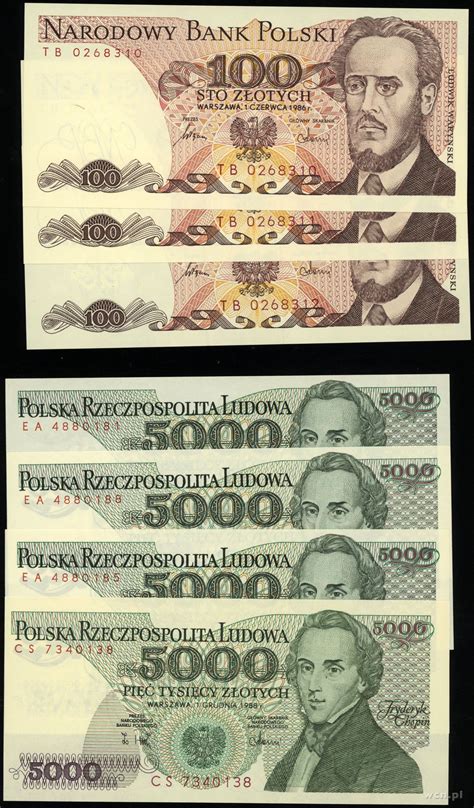 zestaw 7 banknotów w zestawie 3 x 100 złotych 1 06 1986 serie TB 1 x