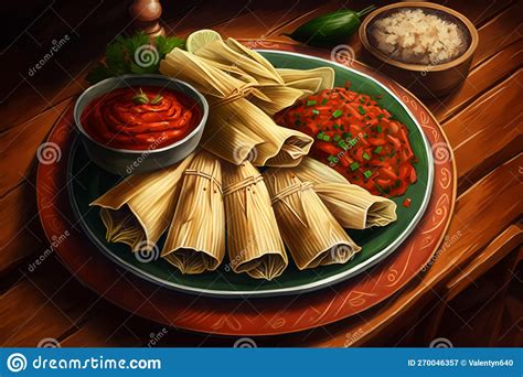 Plate of Tamales and Salsa on Wooden Table. Generative AI Stock ...