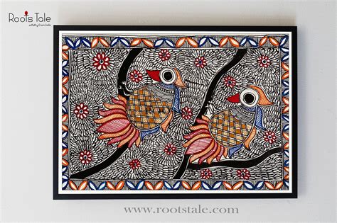 TWO BIRDS MADHUBANI PAINTING(CANVAS) - Roots Tale