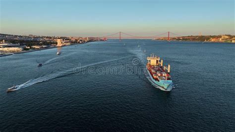 Aerial Drone View Of Belem Tower On The Bank Of The Tagus River At