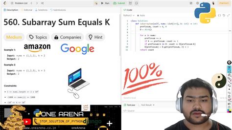 560 Subarray Sum Equals K Leetcode Youtube