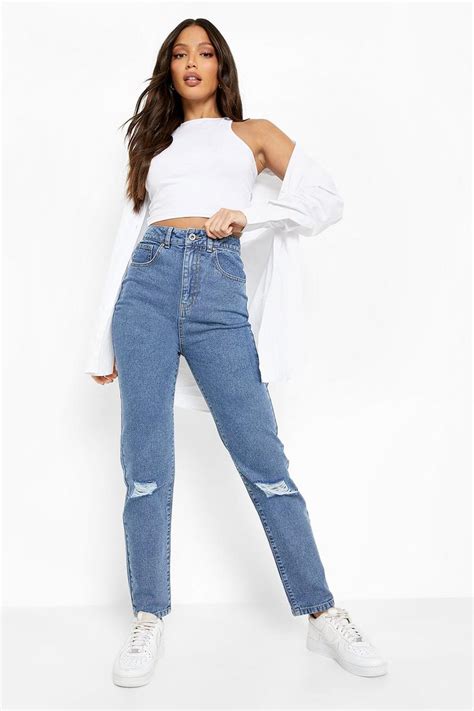 Tall 34 Leg High Waist Ripped Mom Jeans Boohoo