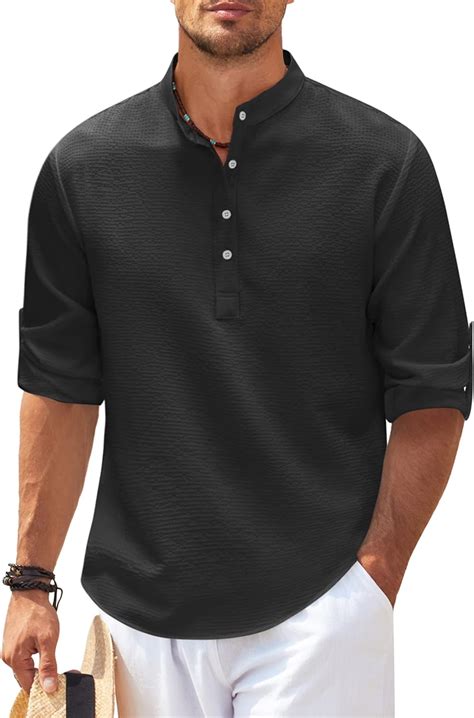 COOFANDY Camisa Henley De Lino Para Hombre De Manga Larga Casual