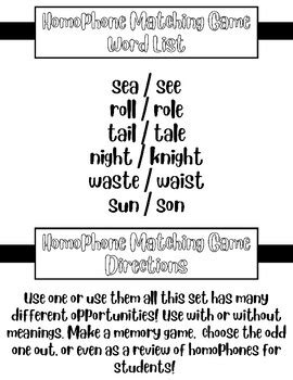 Homophone Matching Game by Morgan VanBeek | TPT