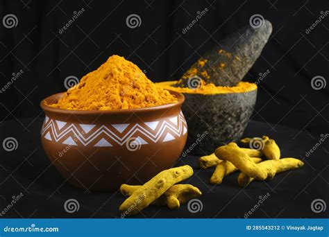 Dry Turmeric Powder Curcuma Longa Linn Stone Mortar Stock Photo