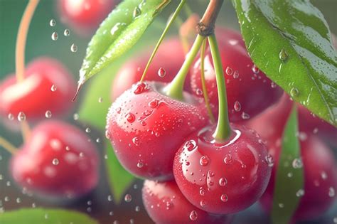 Cerezas En Una Rama Con Gotas De Agua Foto Premium