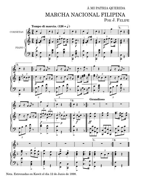 Lupang Hinirang Julian Felipe Marcha Nacional Filipina Sheet Music For Piano Cornet Solo