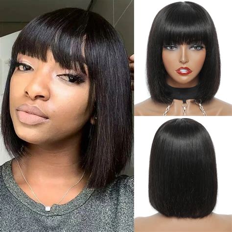 Peluca De Cabello Humano Liso Con Flequillo Para Mujeres Negras Pelo