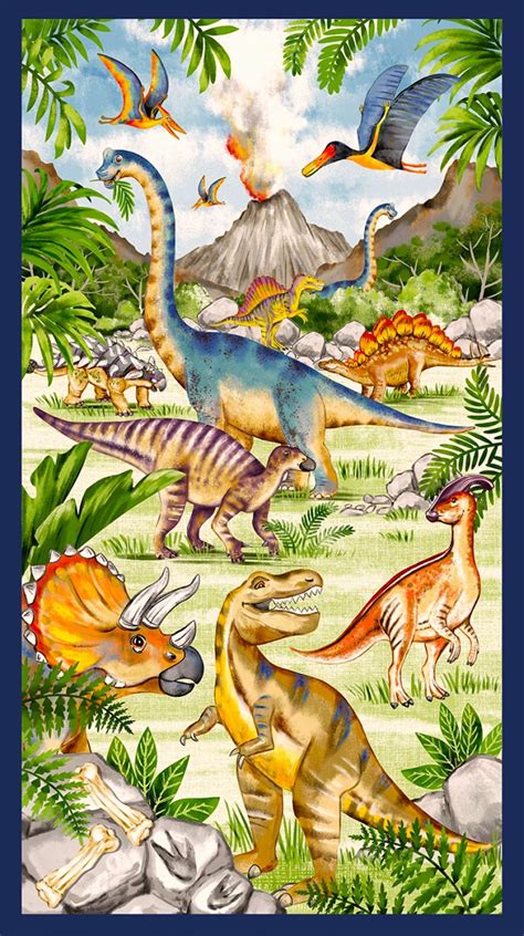 Multi Dinosaur Fabric Panel Michael Miller Dcx11150 Mult Cotton Fabric Quilt Fabric Quilt Top