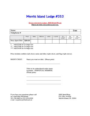 Fillable Online Mibluelodge Lodge Shirt Order Form Merritt Island