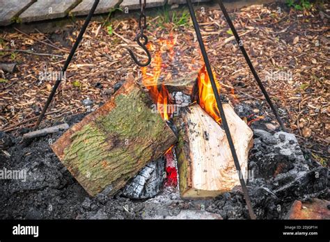 Campfire Burning Wood At A Tourist Campsite In England Stock Photo Alamy