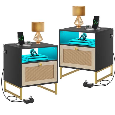 YITAHOME Rattan Nightstands With Charging Station LED Lights End